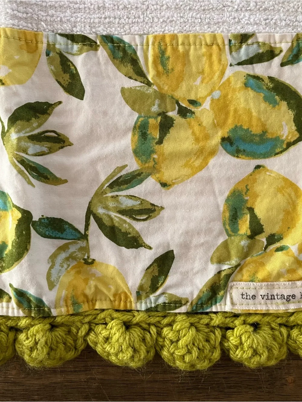 Handmade Yellow Lemon Print Kitchen Towel with Crochet Trim